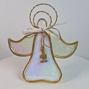 Handmade Iridescent Stained Glass Angel Figurine With Gold Accents & Ribbon Bow